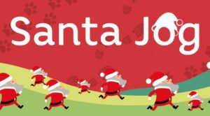 illustrations of Santa completing the Hospice Santa Jog with a white Santa Jog title